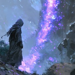 A hooded figure contemplates a luminous, cosmic river flowing between rocky cliffs in a mystical scene