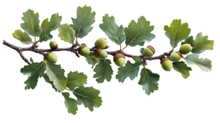 A detailed image of an oak tree branch with green acorns and lobed leaves, isolated on white background