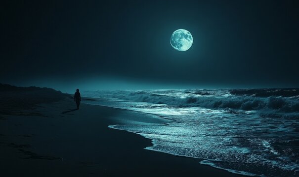 magical moonlit beach where glowing waves crash softly and a mysterious figure walks along the shore, Generative AI