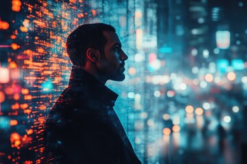 A man silhouetted against a vibrant cityscape backdrop, overlaid with digital code, conveying a sense of futuristic technology and urban life.