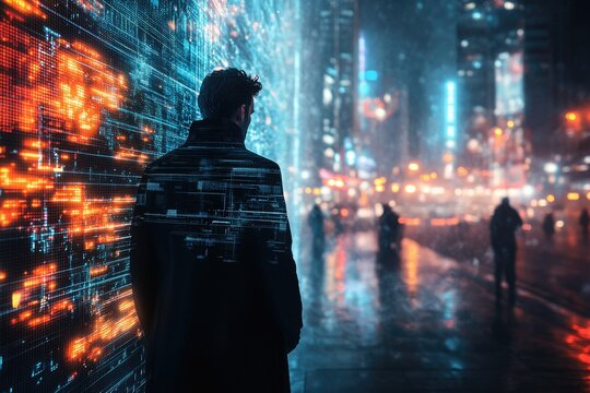 A futuristic cityscape at night, a man stands before a digital wall, data streams flow around him.