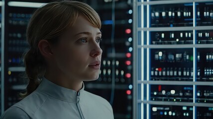 Woman with blonde hair looking at server racks in a data center with blinking lights and monitors