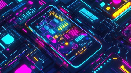 Obraz premium Futuristic smartphone graphic, vibrant colors, intricate circuit board design. Detailed internal components of a phone are visible through a colorful display