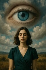 Symbolism of perception and introspection in a surreal landscape featuring a woman standing beneath a giant eye