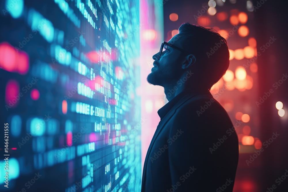 Poster A man gazes at a large digital screen filled with flowing code, symbolizing data analysis and technological innovation.