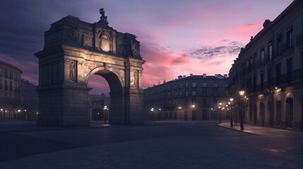 Obraz premium Ancient archway at dawn in a city square