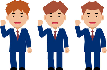 ガッツポーズをする笑顔の紺色スーツの若い男性