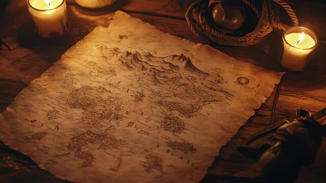 A map of the world is on a table with candles and a drawer. The map is old and has a vintage feel to it. The candles are lit, creating a warm and cozy atmosphere. The drawer is open