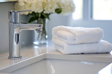 Hand-washing at home, careful hygiene practice, soft white towels beside sink