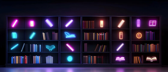 Neon Glowing Pixel Icons On Dark Shelves