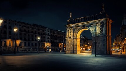 Ancient archway at night in a city square