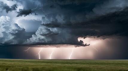 Dramatic lightning strikes illuminate a grassy plain beneath a turbulent, stormy sky at twilight.