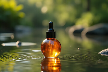 Natural oil droplet on water surface serene forest setting high-resolution image tranquil view