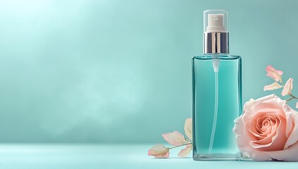 Minimal background for product photography with a single cosmetic bottle, teal and mint color scheme