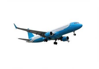 Obraz premium Blue and white airplane flying in the sky on a bright sunny day isolated on white background