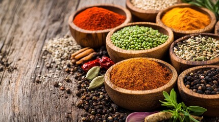 A vibrant assortment of spices in wooden bowls on a rustic wooden surface, showcasing rich colors and textures ideal for culinary uses.