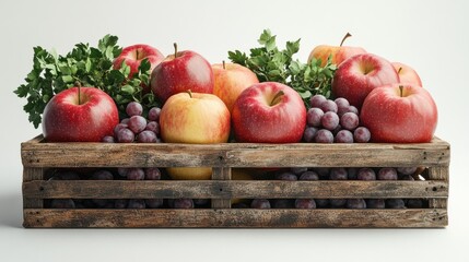 Transport crate stacked with apples, grapes, and fresh herbs, front view, realistic style, isolated neutral background 