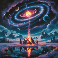 I want a fantastic wallpaper with galaxies hearth mountains lakes the world games comics