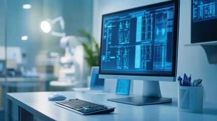 Banner of clinic hospital record or digital file of information and test exam results logged in database or booking appointment doctor medical health care display on computer screen