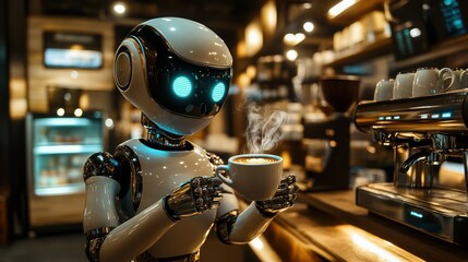 Friendly humanoid robot in a modern coffee shop holding a steaming cup of coffee under warm ambient lighting with coffee equipment and shelves in the background