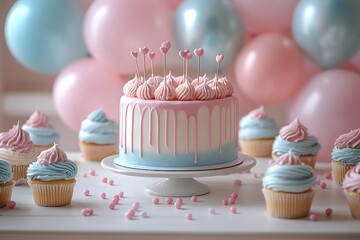 Celebration with pink and blue cake and cupcakes festive birthday party decorations