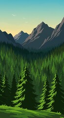 Fototapeta premium Serene Mountain Vista: Lush Forest, Vector Art