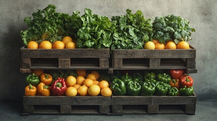 Stacked wooden transport crates containing leafy greens, citrus fruits, and peppers, realistic photo, neutral background 