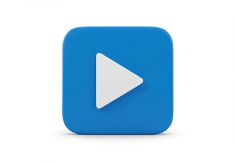 A blue square icon with a white play button in the center isolated on white background