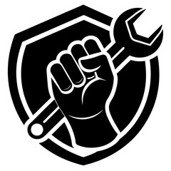 Hand Holding Wrench Vector Silhouette , Industrial Repair Tool Icon in Black