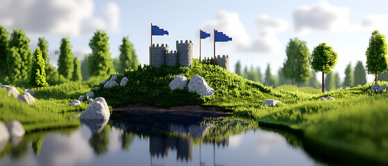 Pixelated Castle In Green Meadow By A River
