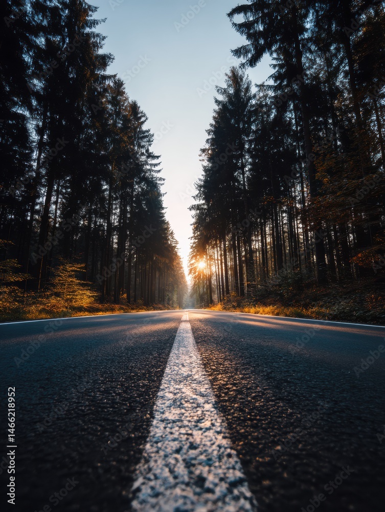 Poster Forest Road Leads Into the Horizon With Sunlight Filtering Through Towering Trees in Tranquil Evening Setting Generative AI