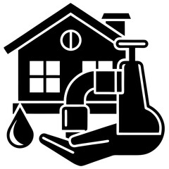 Home Water Conservation Vector Silhouette , Eco-Friendly Faucet and Hand Icon