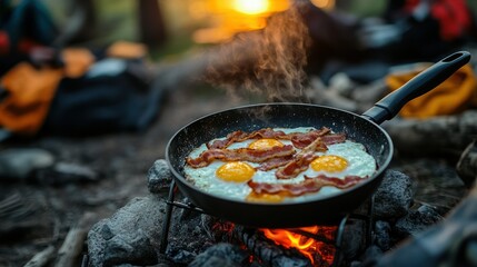 Fototapeta premium Close-up of sizzling frying pan with crispy bacon and sunny side up eggs cooking over open campfire at sunrise, outdoor breakfast, outdoor cooking, wilderness
