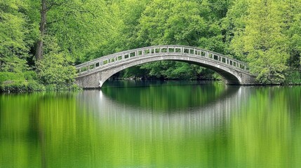 Tranquil stone bridge reflecting in calm water surrounded by lush green foliage a serene natural landscape backdrop