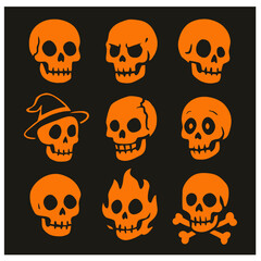 Fototapeta premium skull and crossbones Set of 9 orange skulls with black background. Skulls for halloween