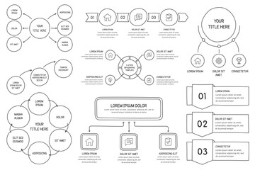 Set of hand drawn infographic templates - circle charts, flow charts, process diagrams, steps, options, vector eps10 illustration