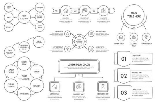 Set of hand drawn infographic templates - circle charts, flow charts, process diagrams, steps, options, vector eps10 illustration