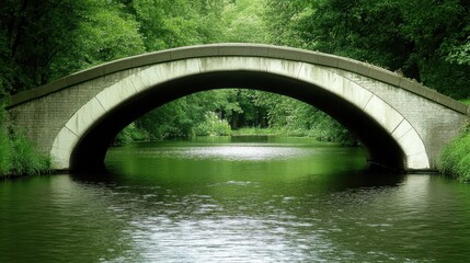 Fototapeta premium Arched stone bridge mirroring lush foliage above waterway invites contemplation of nature's elegance and enduring architectural harmony