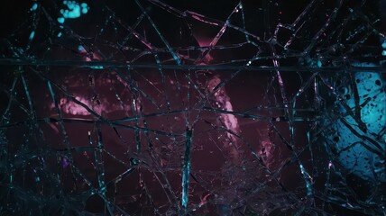 Abstract view of shattered glass with purple and blue highlights creating a complex pattern