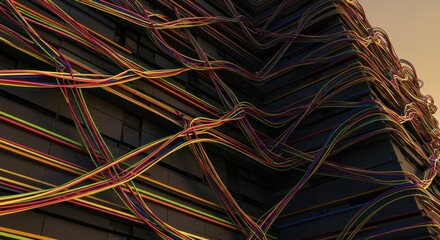 Abstract 3D render of complex multicolored network wires covering a dark structural facade.