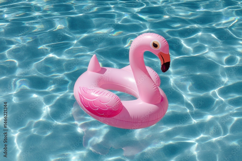 Poster floating pink flamingo pool float drifts serenely on clear blue water on a sunny day in a private ba