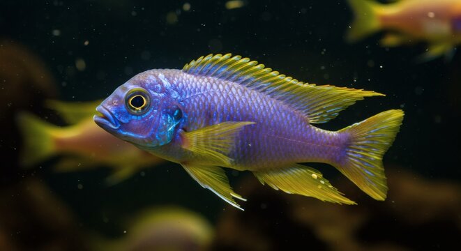 AI image of a vibrant purple and yellow cichlid fish swimming gracefully in a dark aquarium, showcasing its beautiful fins.