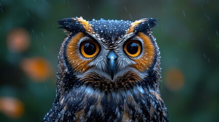 Close-up of an owl face with raindrops on its feathers, moody wet woodland backdrop, cinematic and emotive lighting