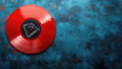 Red Vinyl Record on Blue Texture.