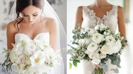 Naklejka premium Elegant bride holding beautiful white bouquets in a bridal suite