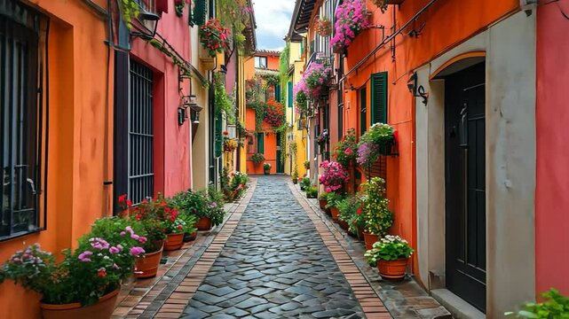 Vibrant alleyway with colorful flowers and charming buildings on cobblestone street, creating picturesque atmosphere.