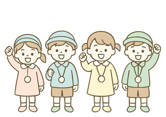 元気にポーズをとる幼稚園児たちのイラスト
