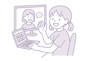 自宅でオンライン会話を楽しむカジュアルな女の子のイラスト