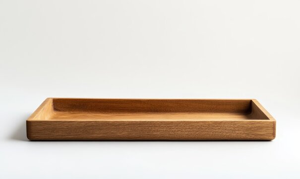 Front view shot of a rustic wooden tray with simple backdrop showcasing elegant composition and ample white space