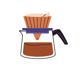 Glass pot with pour over for preparing filter coffee. Brewer for making drip coffe. Coffeehouse utensil to brew hot beverage, caffeine drink. Flat isolated vector illustration on white background